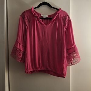Bunulu Women's Pink Ruffled 3/4 Sleeve Blouse